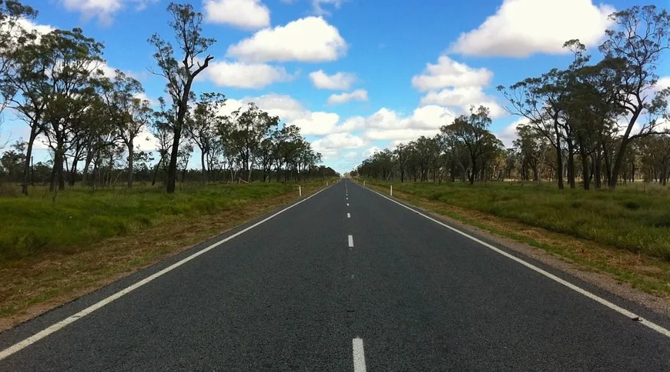 Una lunga strada diritta attraversa un paesaggio verde con alberi alti all'interno del Scotch Oakburn College.