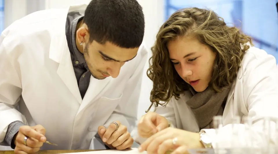 Due persone all'Ashbourne College esaminano insieme un oggetto in un ambiente professionale.