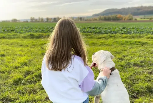Mädchen von hinten streichelt bei Sonnenuntergang einen weißen Hund auf einer grünen Wiese in England