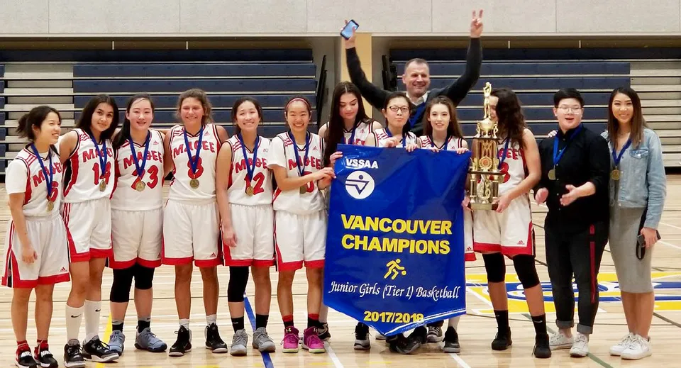 Un gruppo di giovani giocatrici di basket della Magee Secondary School tiene uno striscione di vittoria nella palestra.
