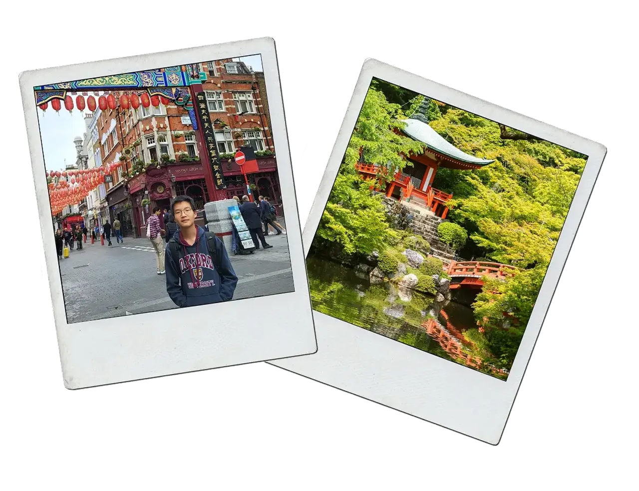 Due foto polaroid: uno studente in una via con lanterne rosse e un giardino giapponese con tempietto rosso