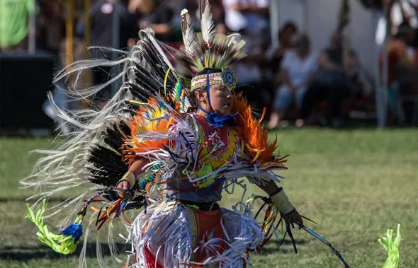Persona con traje tradicional nativo americano de plumas coloridas bailando sobre el césped