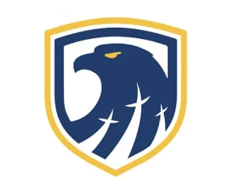 Logotipo en forma de escudo azul y amarillo con la cabeza de un águila