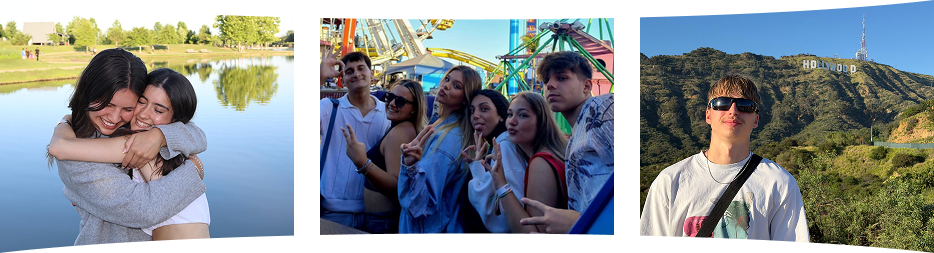 Chicos durante su verano en el extranjero: dos amigas se abrazan delante de un lago, un grupo de jóvenes en el parque de atracciones de Santa Mónica y un chico delante del letrero de Hollywood en Los Ángeles.