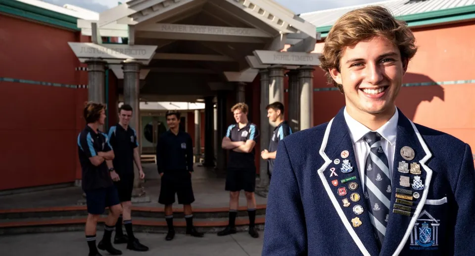 Uno studente della Napier Boys High School indossa un'uniforme blu con stemma ed è in piedi davanti a un gruppo di altri studenti.