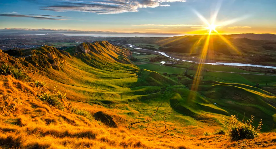 Il paesaggio collinare al tramonto mostra un ambiente verde vicino a Woodford House.
