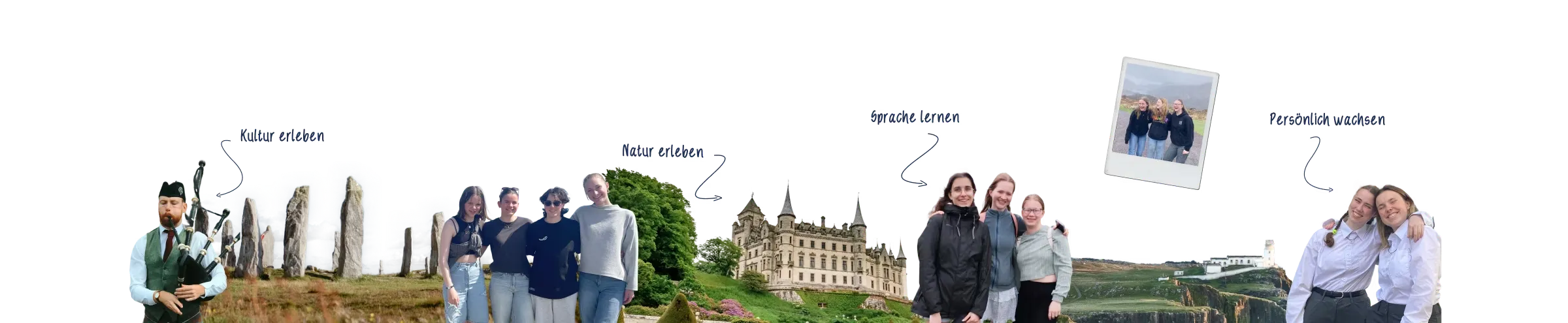 Fotocollage Schottland: Dudelsackspieler, Steinkreis und Dunrobin Castle. Kultur erleben, Natur erleben, Sprache lernen, Persönlich wachsen