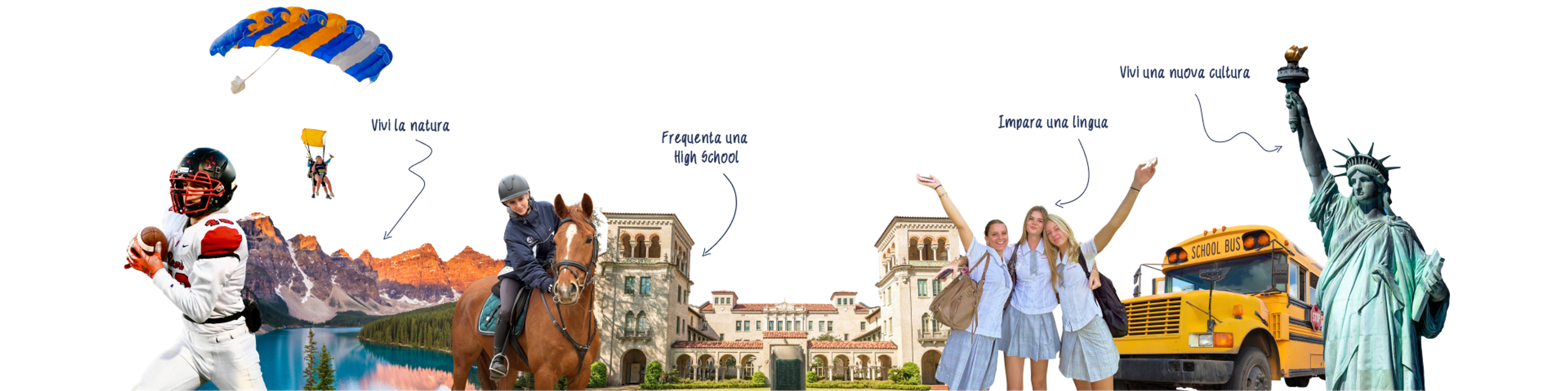 Collage di uno scambio scolastico: paracadutismo, equitazione, scuolabus e Statua della Libertà