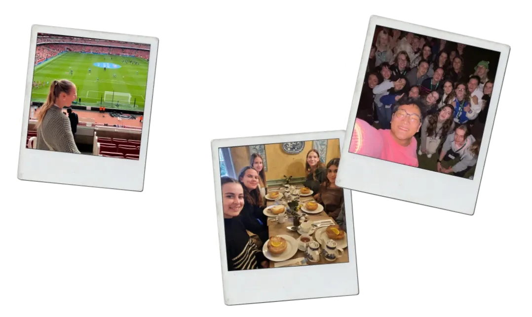 Tres fotos polaroid: una chica en un estadio de fútbol, una cena en grupo y una fiesta con amigos
