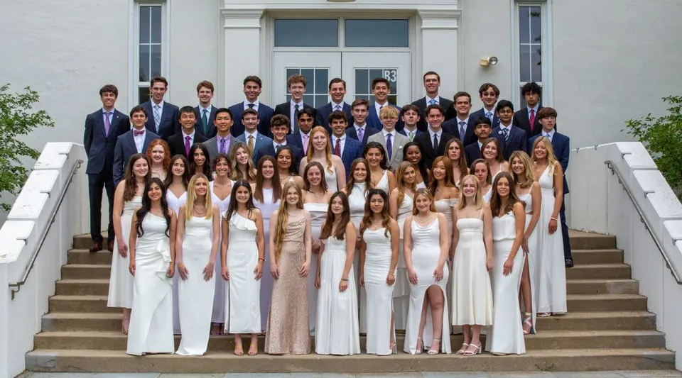 Un grande gruppo di studenti della North Shore Country Day School vestiti in modo formale si trova sulle scale di un imponente edificio della scuola.