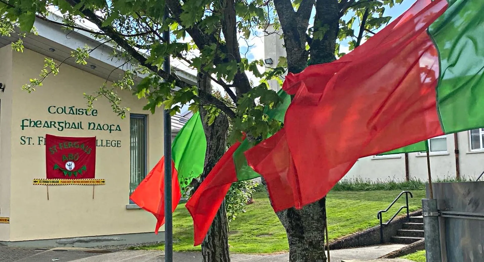 Bandiere rosse e verdi sventolano all'ingresso dell'edificio nel campus del St. Fergal’s College.