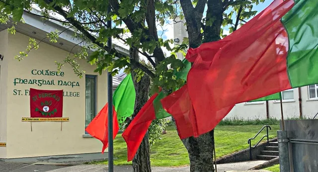 Bandiere rosse e verdi sventolano all'ingresso dell'edificio nel campus del St. Fergal’s College.