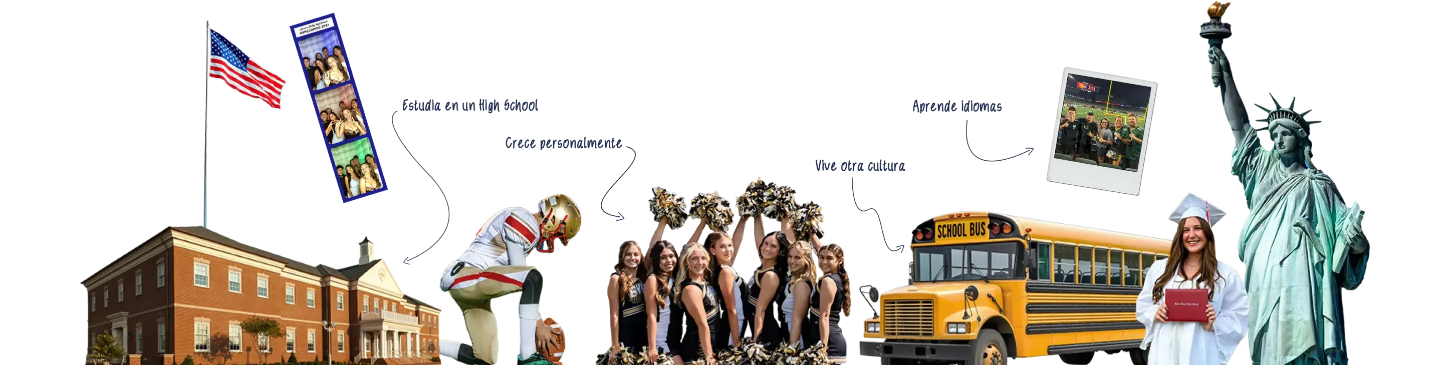 Collage sobre el año escolar en Estados Unidos con un instituto de ladrillo, cheerleaders, un autobús escolar y la Estatua de la Libertad