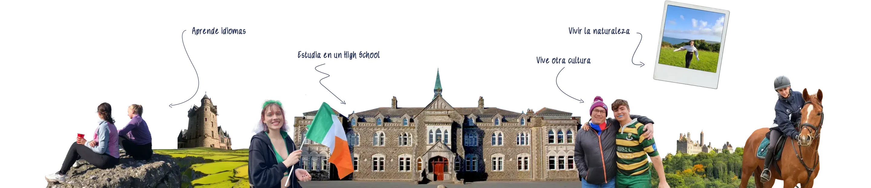 Collage sobre el año escolar en Irlanda con una chica con la bandera irlandesa, un castillo en ruinas y un internado histórico