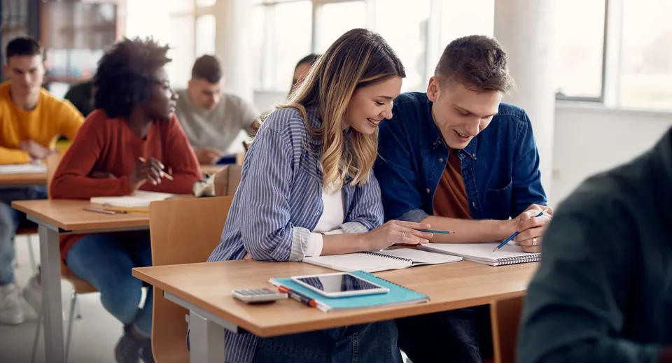 Un gruppo di studenti della Gallen Community School è seduto in classe e lavora insieme su alcuni compiti.