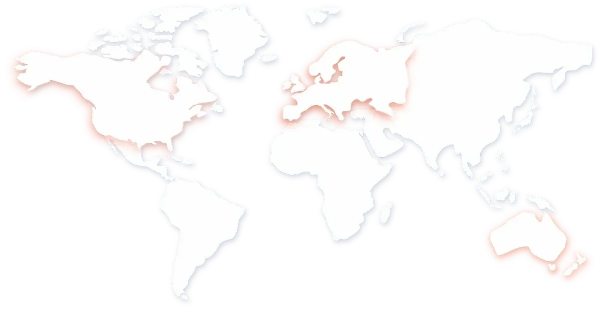 Mapa del mundo con Norteamérica, Europa y Australia resaltadas como continentes de destino