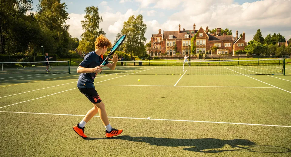 Una studentessa gioca a tennis sul campo da tennis della Sherfield School con l'edificio storico sullo sfondo.
