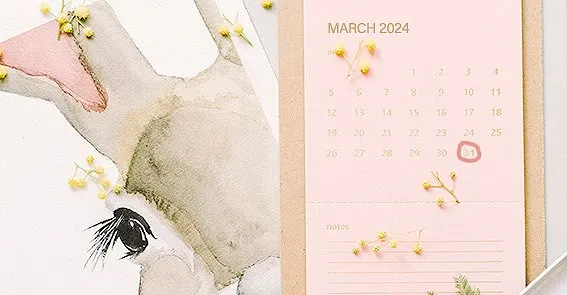 Calendario rosa de marzo de 2024 con el día 31 marcado junto a un dibujo acuarela