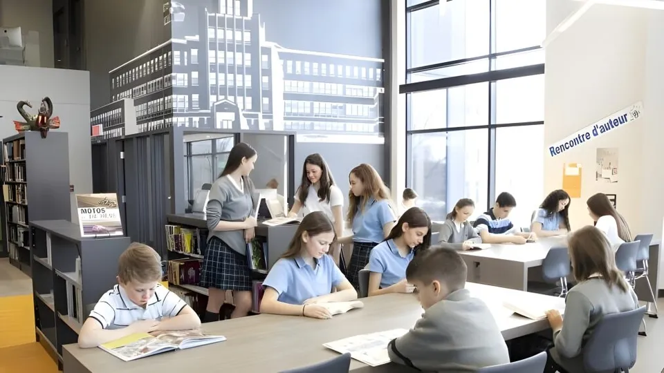 Un gruppo di studenti e studentesse lavora insieme in una luminosa aula del Collège Sainte-Anne con vista sulla città.
