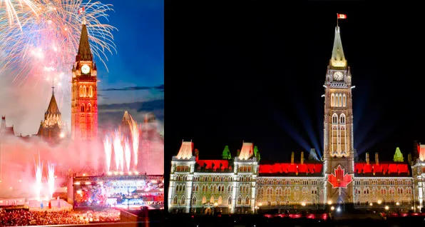 Composición con la torre del Parlamento de Canadá iluminada de noche y con fuegos artificiales
