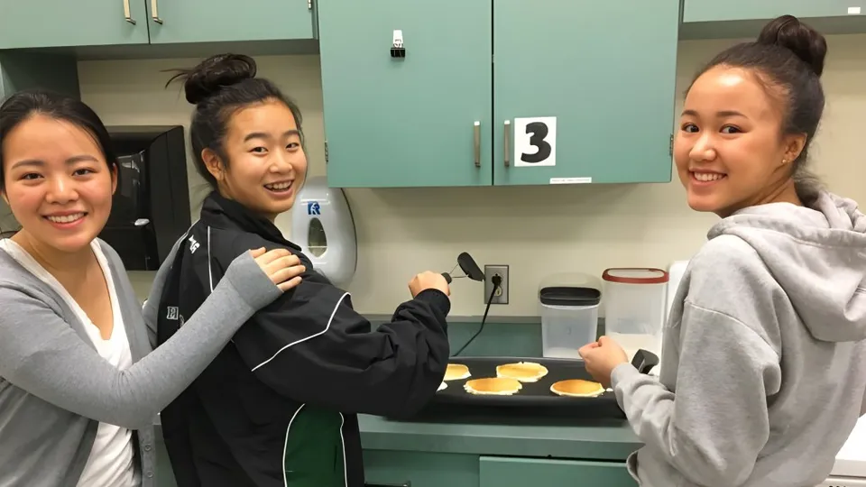 Tre studentesse interagiscono sorridendo in una cucina nel campus della Hugh McRoberts Secondary School.
