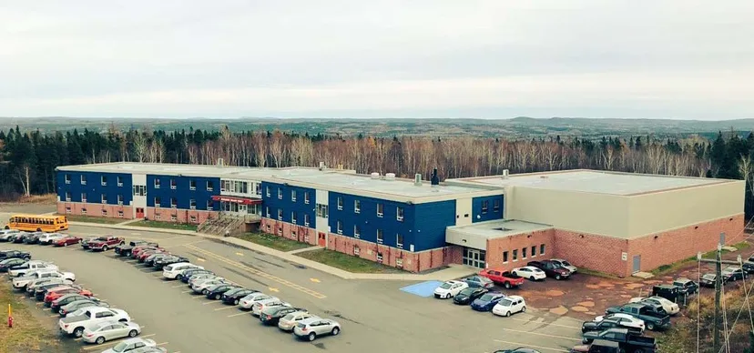 Il grande complesso edilizio della Exploits Valley High School con un parcheggio in primo piano e il bosco sullo sfondo.