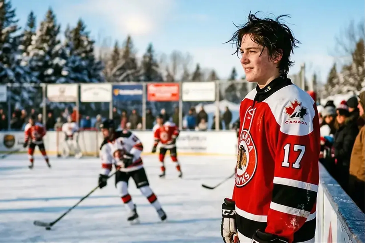 Giovane giocatore di hockey su ghiaccio in maglia rossa a bordo di una pista all'aperto in Canada