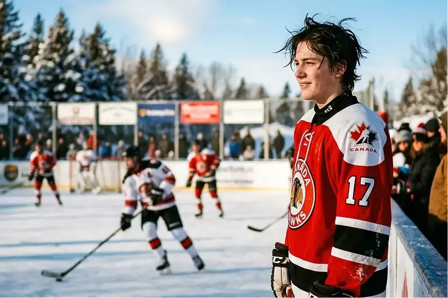 Giovane giocatore di hockey su ghiaccio in maglia rossa a bordo di una pista all'aperto in Canada
