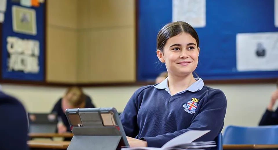 Una studentessa della Royal Hospital School in divisa scolastica si trova in classe con un tablet in mano.
