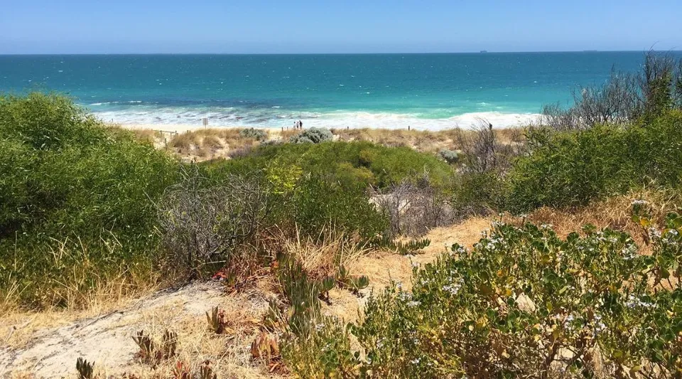 Un paesaggio costiero con spiaggia sabbiosa e mare turchese poco distante dalla Mount Lawley Senior High School.