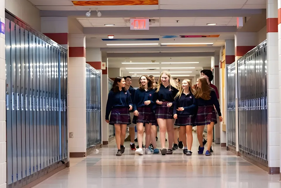 Un gruppo di giovani studentesse in divisa scolastica cammina insieme lungo il corridoio ben illuminato della St. Anne's Catholic School.