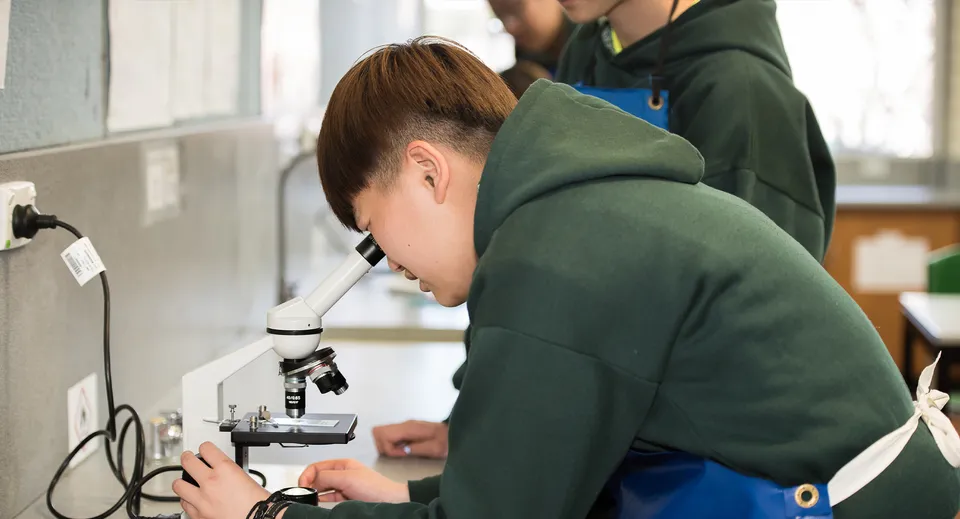 Uno studente della Blackwood High School esamina concentrato dei campioni con un microscopio nel laboratorio della scuola.