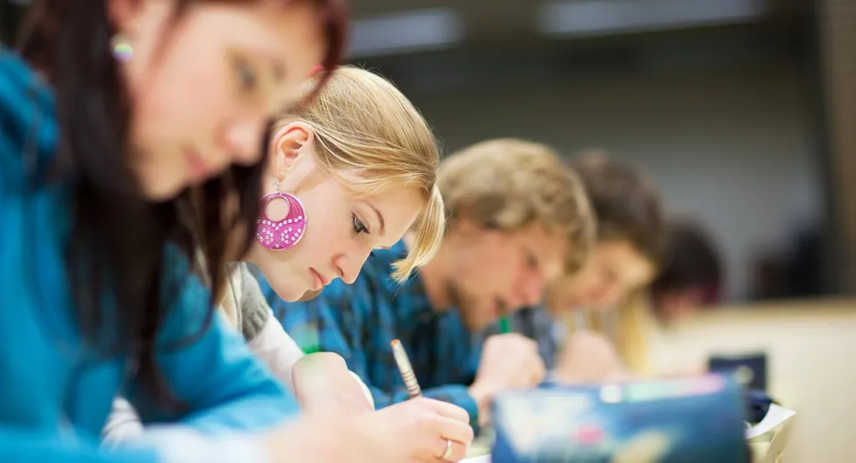 Un gruppo di studentesse e studenti lavora in modo concentrato alla Donahies Community School.