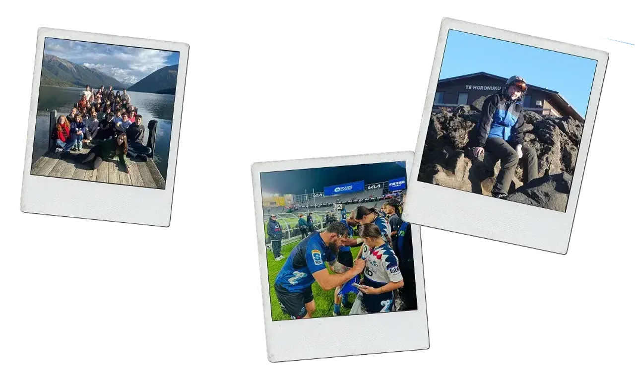 Collage: gruppo su un molo tra le montagne, partita di rugby e studentessa su rocce vulcaniche