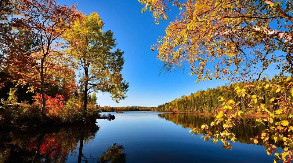 Un lago con fogliame autunnale e cielo limpido vicino alla Polyvalente Louis-Mailloux.