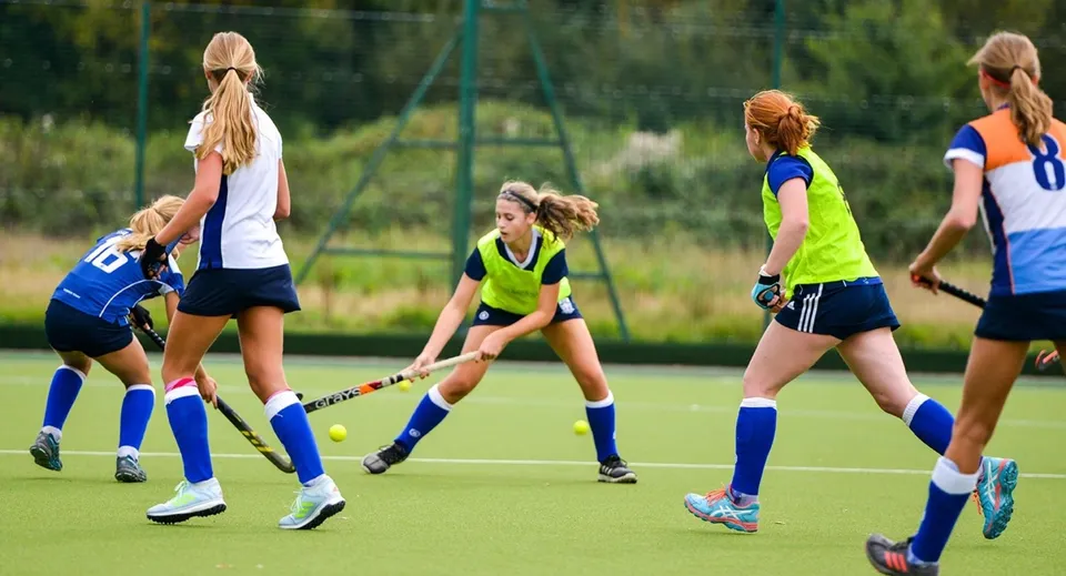 Un gruppo di giovani studentesse gioca a hockey su prato sul campo sintetico della Rossall School circondato da alberi.