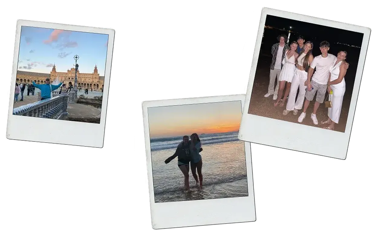 Collage di foto polaroid del soggiorno in Spagna: Plaza de España, tramonto in spiaggia e amici