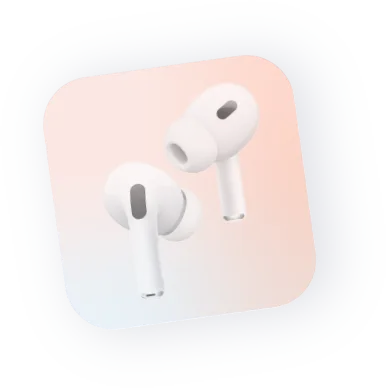 Auriculares inalámbricos blancos sobre un fondo degradado en tonos pastel