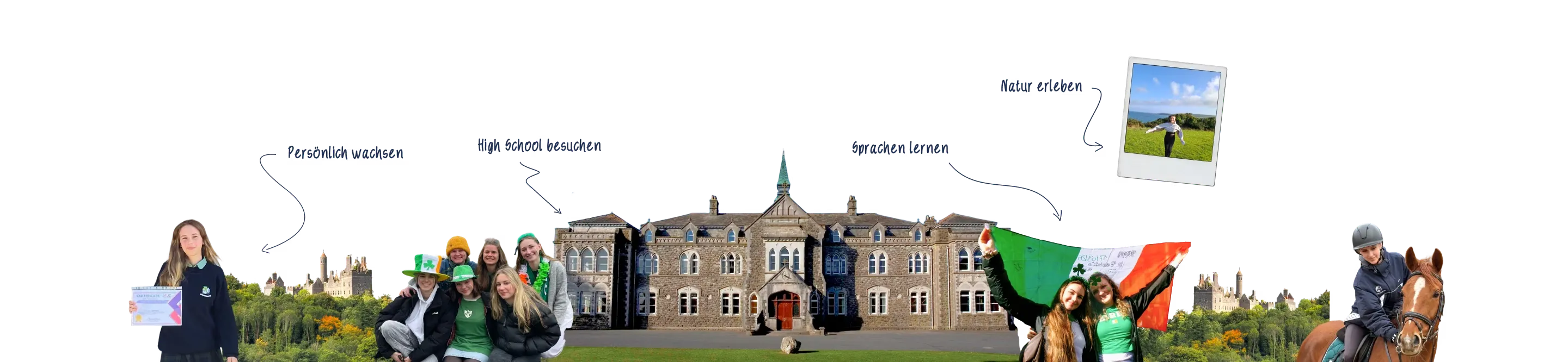 Fotocollage Irland: Schulgebäude, irische Flagge und Reiterin. Persönlich wachsen, High School besuchen, Sprachen lernen, Natur erleben