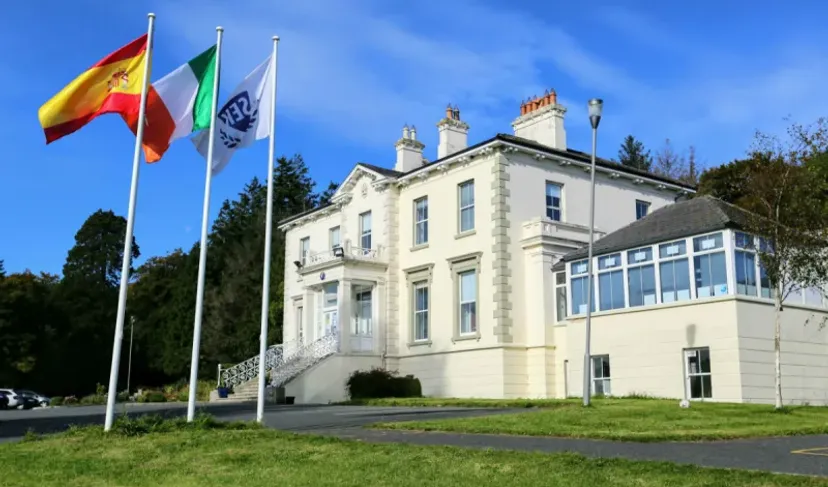 L'edificio chiaro della SEK International School Dublin con tre bandiere sotto un cielo azzurro.