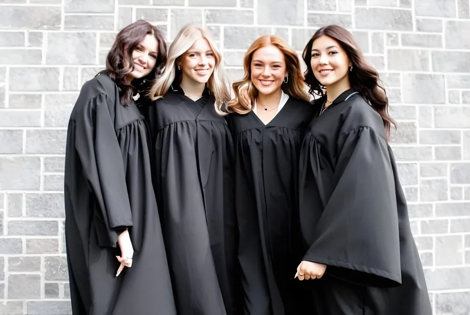 Quattro studentesse in toghe da diploma nere sono in piedi davanti a una parete di mattoni grigi nell'area del College Saint-Bernard.