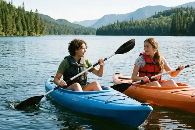 Due studenti in kayak su un lago circondato da foreste e montagne