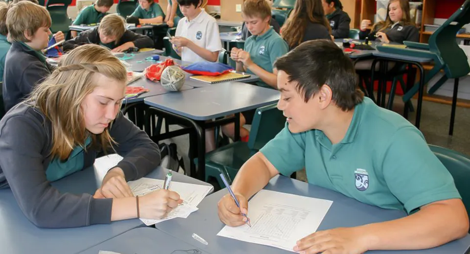 Studenti della Kerikeri High School lavorano insieme a un compito di gruppo in un'aula.