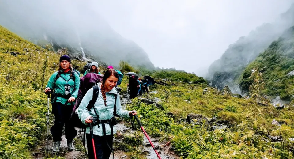 Un gruppo di studenti del Moyne College fa un'escursione attraverso un paesaggio montuoso con fitta vegetazione e nebbia.