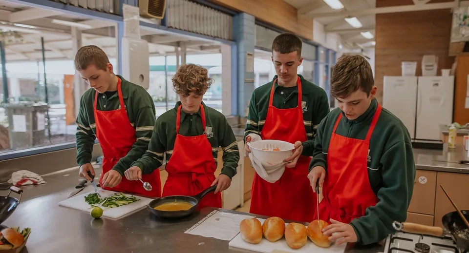Quattro studenti del Reynella East College preparano da mangiare in una cucina professionale.