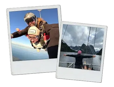 Dos polaroids de Nueva Zelanda: una estudiante en un salto en paracaídas en tándem y otra con los brazos abiertos en un barco ante montañas y fiordos