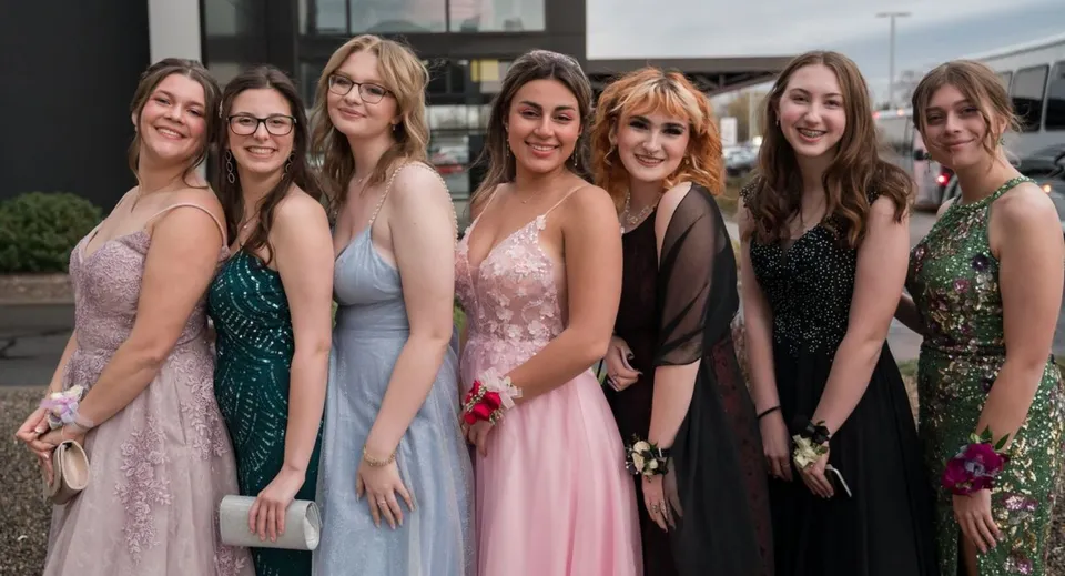 Un gruppo di giovani donne in abiti eleganti posa insieme davanti a un edificio nel campus del Scots PGC College.