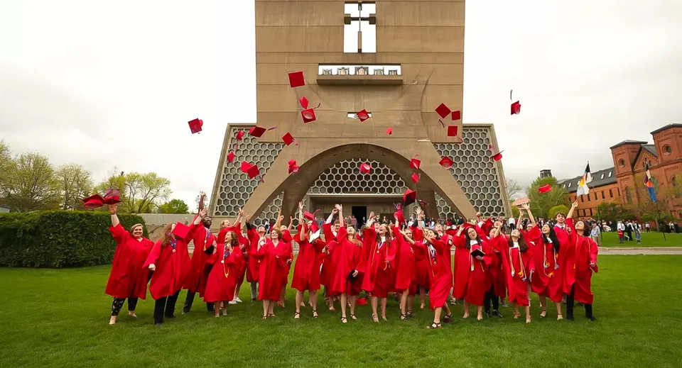I diplomati della Saint John‘s Prep in toga rossa lanciano i loro tocchi in aria davanti a un edificio con una croce.