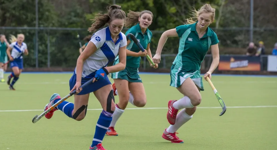 Studentesse della Mount Anville Secondary School giocano una partita di hockey su un campo sportivo con recinzione.