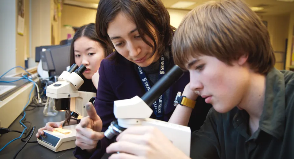 Tre studenti della Mercy Secondary School Ballymahon usano concentrati i microscopi nel laboratorio scolastico.